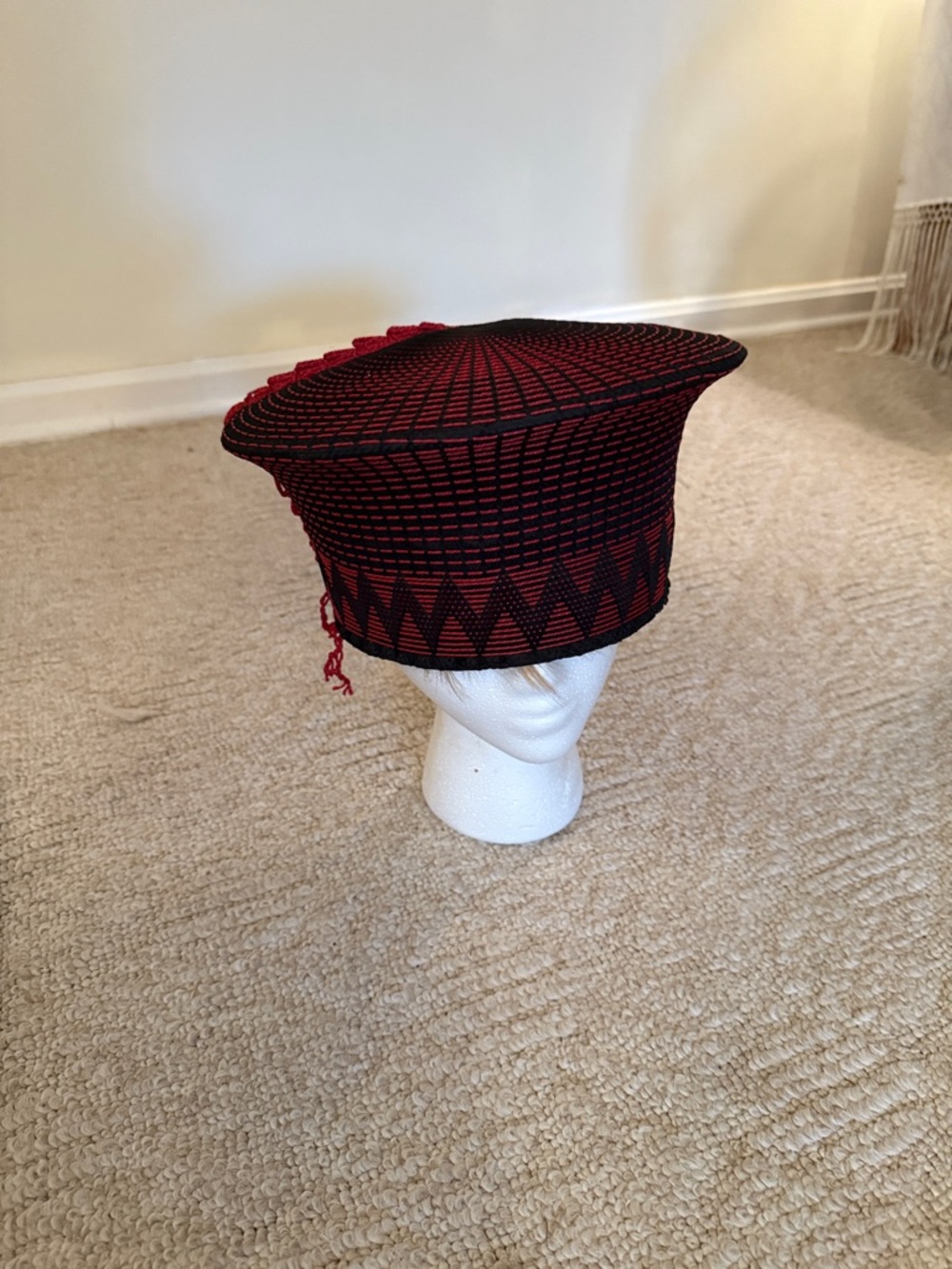 Handwoven Red and Black Tribal Pillbox Hat